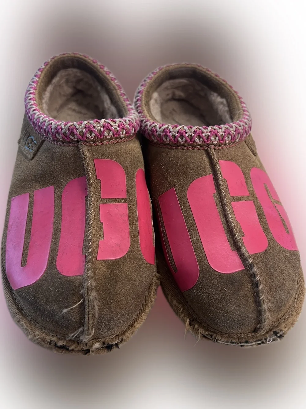 UGG Kids Brown Suede Slippers with Pink Logo